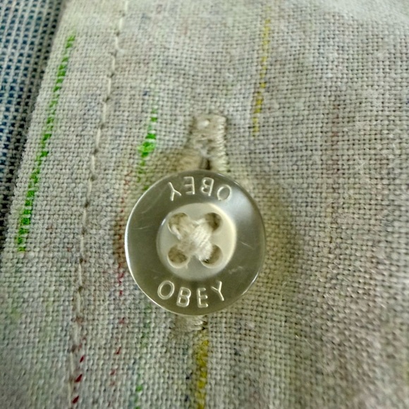 OBEY Worldwide Striped Button-Up Shirt Men’s M Blue White Cotton Short Sleeve - Picture 4 of 11